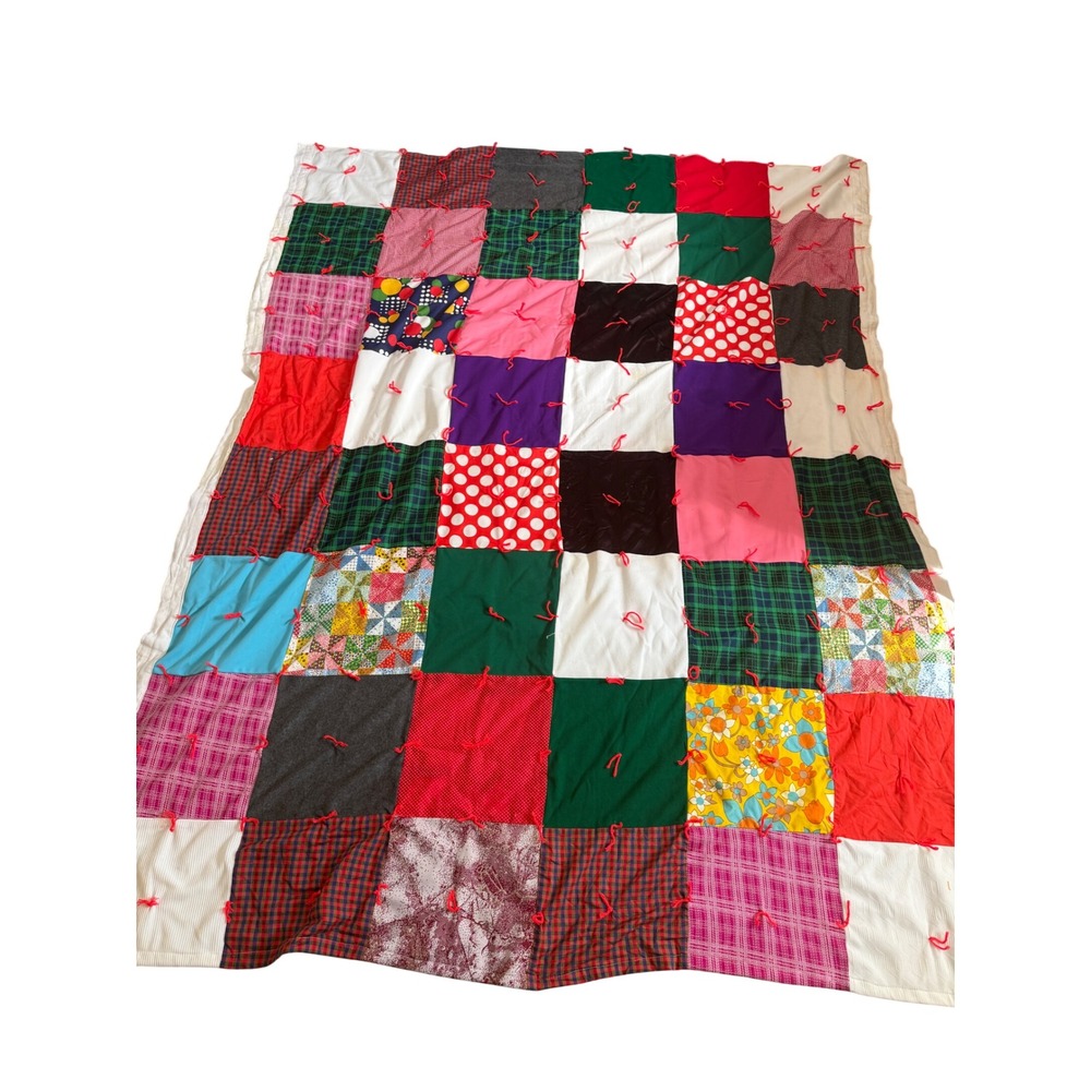 Vintage Handmade Patchwork Tied Quilt Multicolor Plaid Floral Polka Dot 70x87